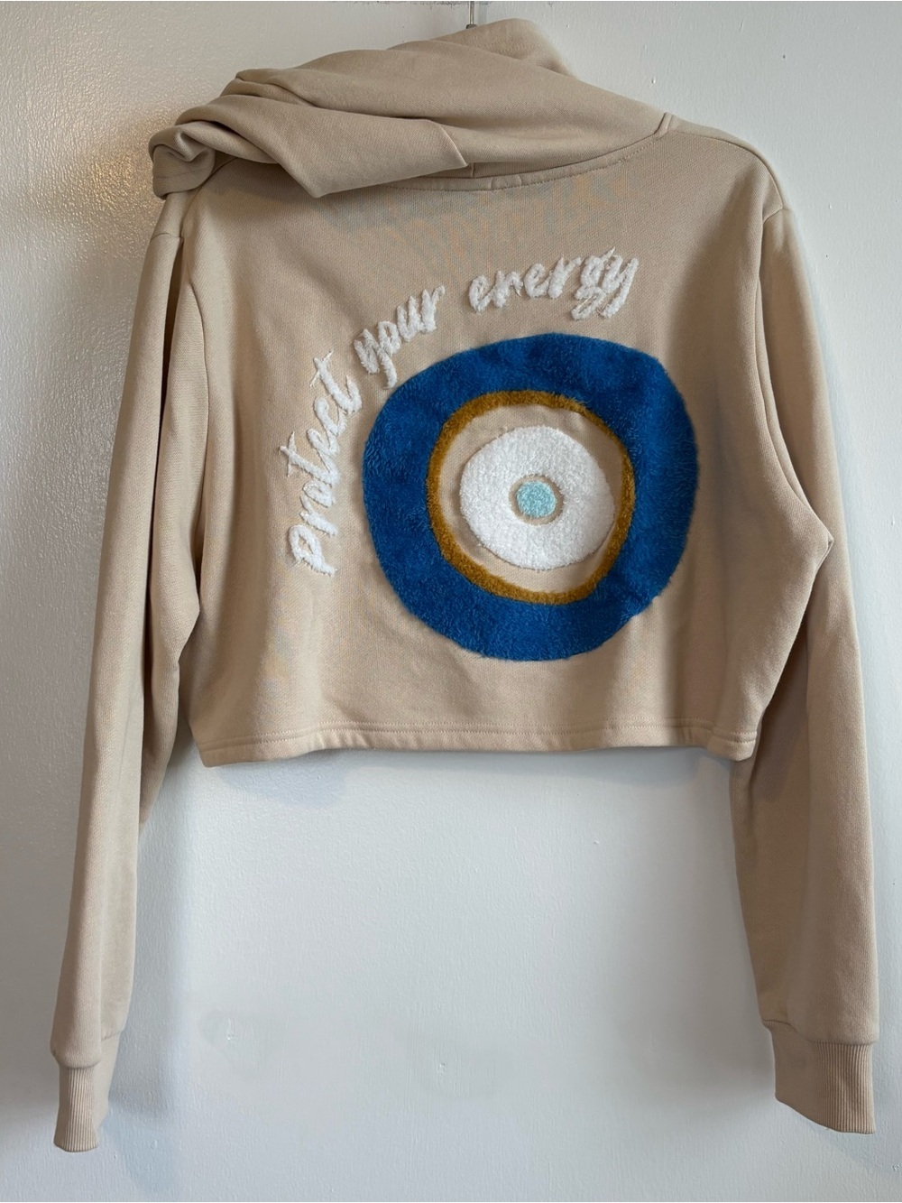 ROSIO USA Women’s Beige Evil Eye Graphic Pullover Fleece Hoodie Size L